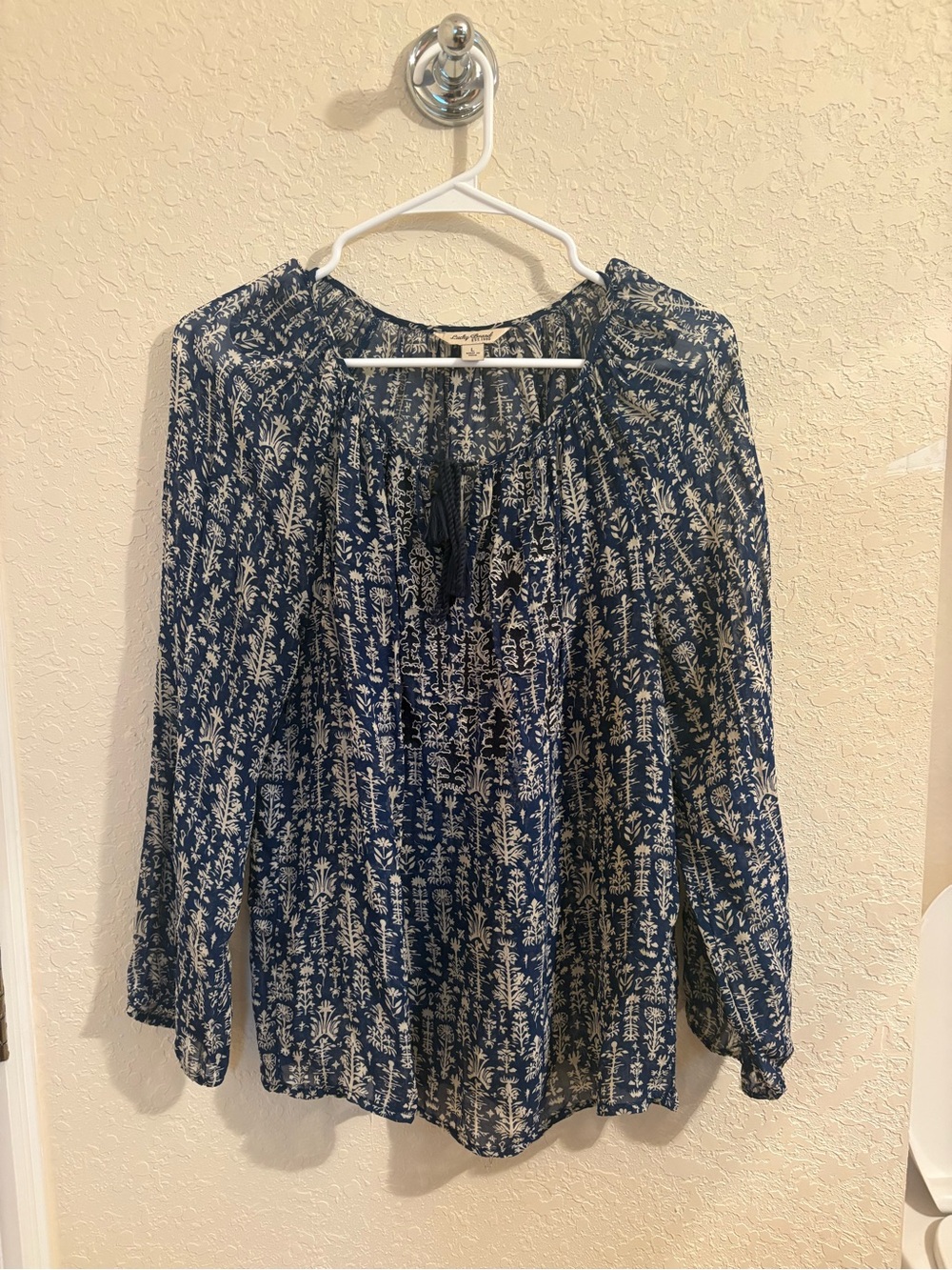 Lucky Brand Navy and White Floral Peasant Top with Tassel Tie and slightly sheer